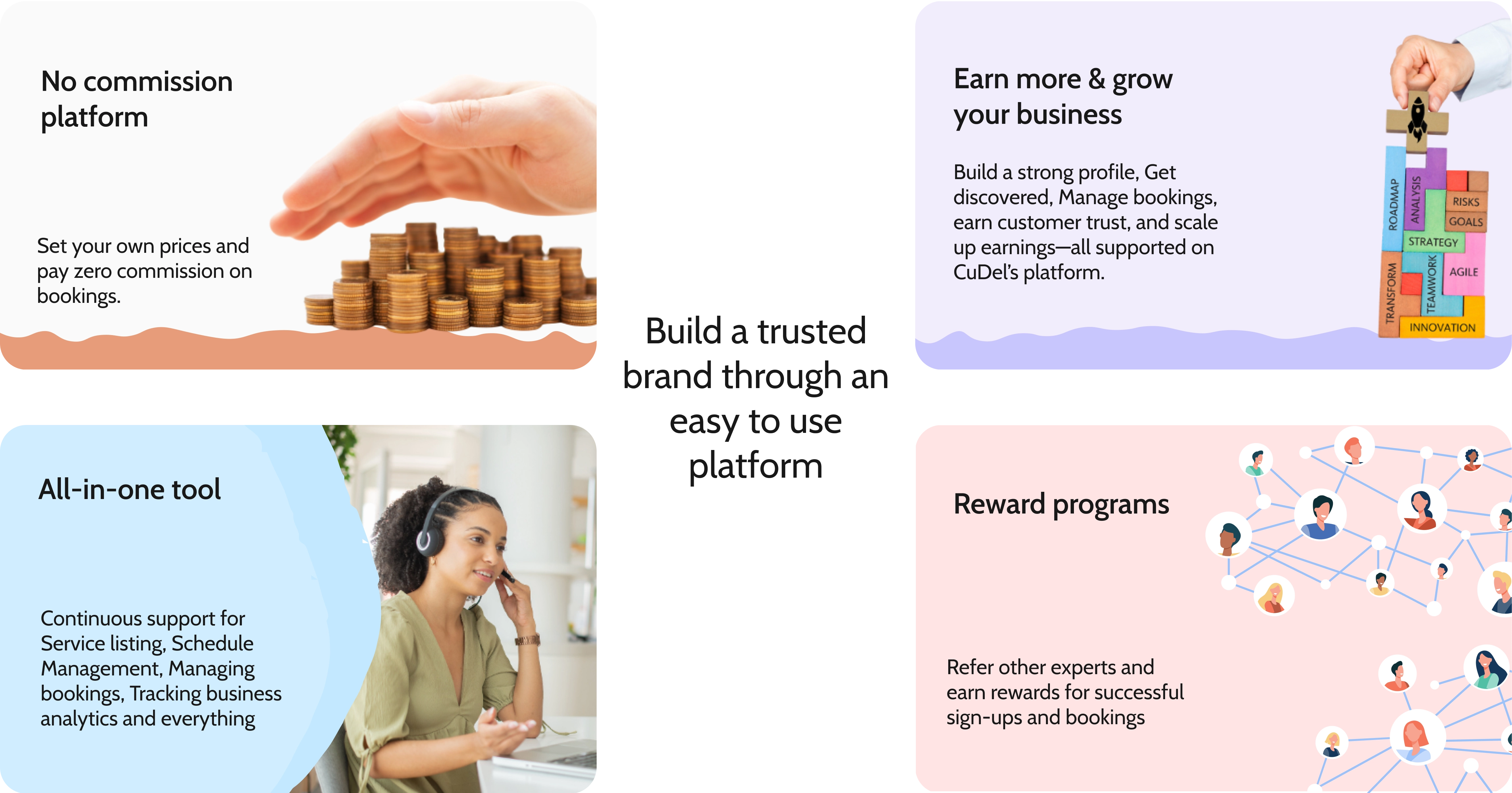 CuDel platform benefits including no commission model, tools to grow and manage business, an all-in-one service management tool, and reward programs for referrals and sign-ups.