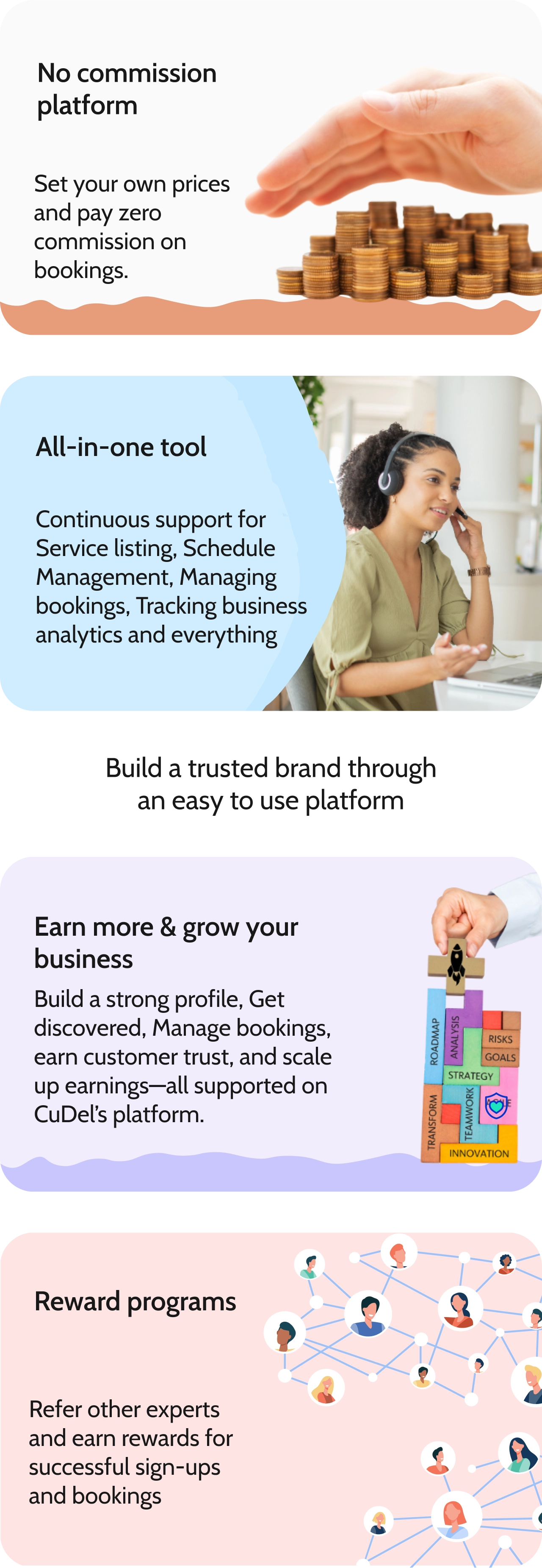 CuDel platform benefits including no commission model, tools to grow and manage business, an all-in-one service management tool, and reward programs for referrals and sign-ups.